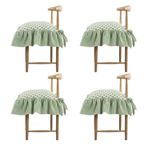 Besaomeom 4 Pcs Ruffle Chair Cushion Covers Cotton Blend 17.5"x17.5", Floral Block Print Decoration Farmhouse French Style Seat Covers with Tie Backs for Kitchen Dining Chairs