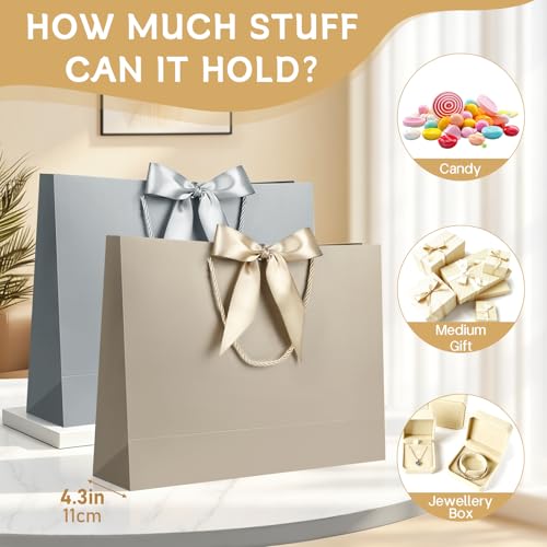 Image of JMANNI Gift Bags with Handles, 13 inch Medium Gift Bag for Presents, 8 Pcs Bags with 16 Tissue Paper and 8 Cards for Baby Shower Wedding Bridal Shower Mother's Day Birthday Party(Champagne silver)