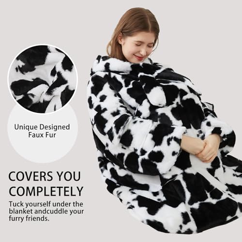 Image of Softan Blanket Hoodie, Oversized Fleece Wearable Blankets for Women and Men Gifts, Cozy Warm and Soft Sweatshirt Blanket with Large Pocket, Cow Print