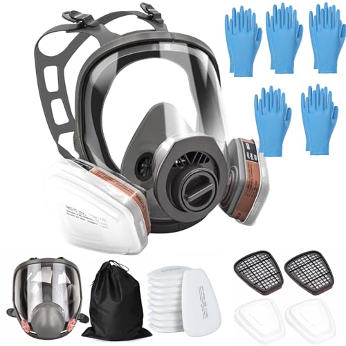 Masque de protection respiratoire complet réutilisable - Masque à gaz complet - Masque de protection contre la poussière - Avec 10 tampons de coton filtrables - 5 paires de gants pour vapeurs