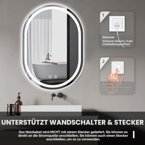 Dripex LED Badspiegel Oval, dimmbar, Antibeschlag fürs Bad 60 x 80 cm – Ansicht 3