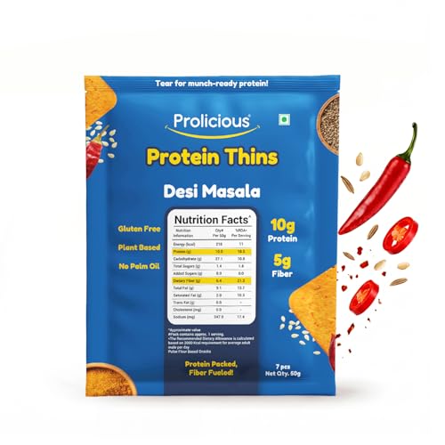 Image of Prolicious Thins Desi Masala High Protein Chips | Upgrade Your Snacking | 10g Protein + 5g Fibre | Same Crunch, Snack Smarter | Plant Based, Gluten Free | No Palm Oil | 50g