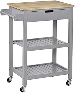 HOMCOM Kitchen Trolley Utility Cart on Wheels with Rubberwood Worktop, Towel Rack, Storage Shelves & Drawer for Dining Room, Grey