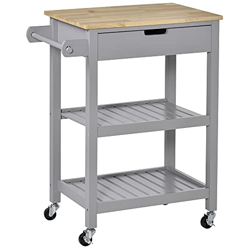 HOMCOM Desserte de Service Chariot de Cuisine à roulettes avec Plan de Travail en Bois hévéa - 2 étagères, 1 tiroir et 1 Porte-torchon