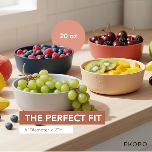 EKOBO Bamboo Kids Bowls Set of 4 SCANDI, 20 oz reusable Bowls in Blush, Cloud, Storm, Terracotta, Eco-Friendly, Stackable, Dishwasher Safe Bamboo Dinnerware for Kids & Families by EKOBO - Used condition - Image 5