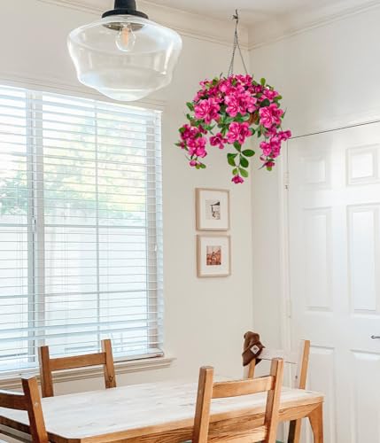 Briful Fake Hanging Flowers with Basket, Artificial Bougainvillea Silk Plants Faux Spring Flowers for Outdoor Front Porch Patio Garden Balcony Decorations(Hot Pink)