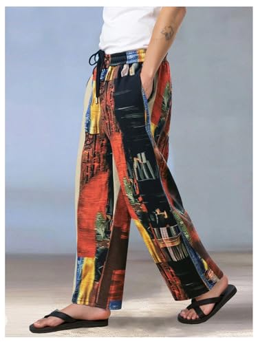 GORGLITTER Men's Patchwork Pants Drawstring Waist Wide Leg Baggy Wide Leg Pants Summer Vacation Beach Trousers2