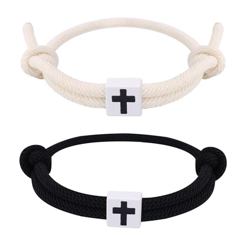Mikovivi 2pcs Bracelet Croix Homme, Réglable Bracelet Chrétien Jésus Corde Croix avec Noud Fait à la Main en Corde Cadeau pour Homme et Femme