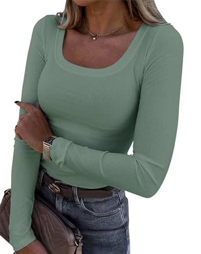 Image of Roselux Womens Long Sleeve Scoop Neck Ribbed Knit Fitted Casual Tops Tee Slim Basic Shirts