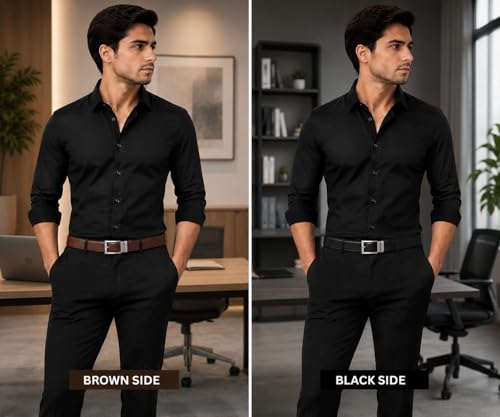 Image of SUDHA INTERNATION Men's Reversible PU Leather Belt | 2-in-1 Black & Brown | Rotating Pin Buckle | Sizes 28-40 | Formal Office Wedding Party Belt | 1 Belt = 2 Colors