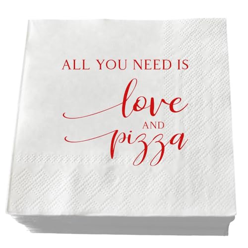 50 Pcs Wedding Napkins Red Foil All You Need is Love and Pizza Paper Cocktail Napkins Bar Berverage Napkins for Engagement Rehearsal Dinner Luncheon Dinner Party Decorations 3 Ply