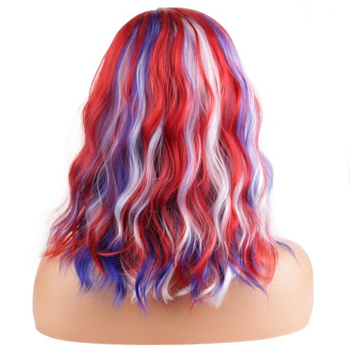 Image of BERON 4th of July Wigs for Women Short Curly Wavy Red White Blue and Mixed Wavy Wig Girls Flag Wig Heat Resistant Synthetic Costume Independence Day Cosplay Party Wigs