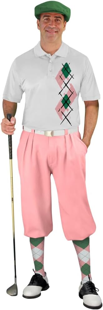 Argyle Paradise Outfit - Mens 6D Pink White and Dak Green Complete Golf Outfit - Waist Size 50 - Shirt Size X-Large