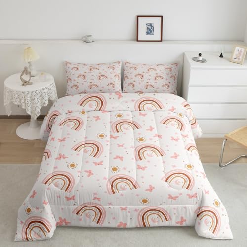 meiyoeat Pink Rainbow Comforter Set Twin Size Kids Cute Stripes Bedding Set for Boys Girls Teens Nursery Duvet Insert Breathable Butterfly Sun Quilt Bedroom Decor,1 Comforter with 1 Pillowcase
