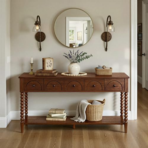 Pembroke 58” Cottage Sofa Console Table with Drawers & Lower Shel...