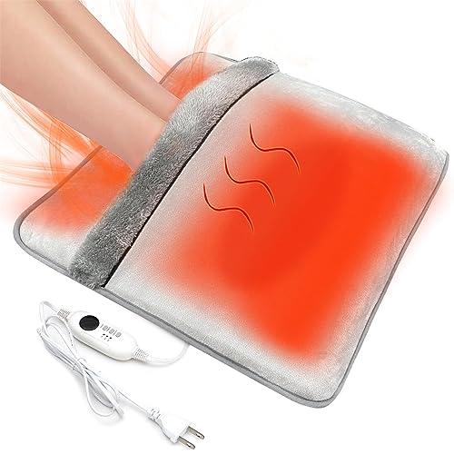 Double Sided Electric Foot Warmer with Machine Washable & 8 Hrs Timer, Electric Feet Heating Pads with Non-Slip,Electric Heated Foot Warmers for Bed,Under Desk,Office,Home,Christmas Gifts,Grey,20"*20