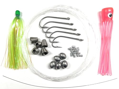 (5 Pack) Ballyhoo Rig Making Kit Bonus Chugger & Squid Skirt Included Saltwater Fishing Lures for Dolphin Mahi Tuna Wahoo Dorado and King Mackerel. Offshore Big Game Trolling Ballyhoo Fishing Rigs