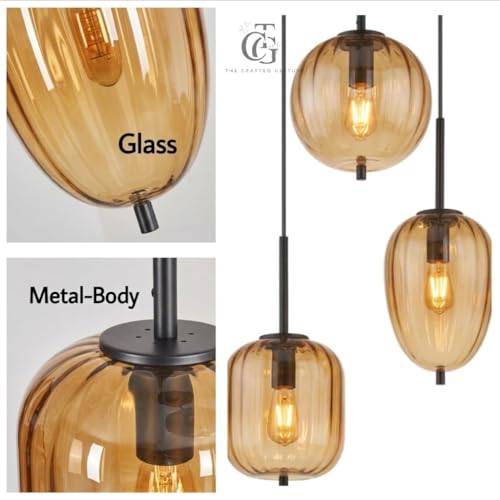 Image of Decorative Glass Pendant Lights|Perfect for Kitchen, Dining Room, Cafe or Living Room Lighting|Set of 3 Elegant Ribbed Amber-Glass Shades