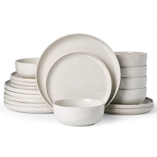 Image of Famiware Meteor Plates and Bowls Sets, 18-Piece Stoneware Dinnerware Sets, Dishes Set for 6, Microwave and Dishwasher Safe Tableware, Creamy White