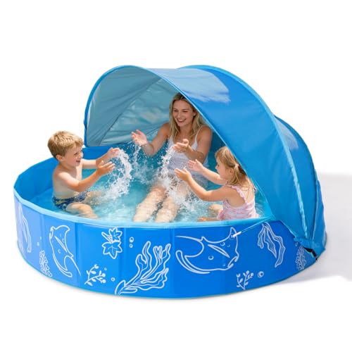 Hikiddy Planschbecken mit Schatten:31.5Zoll /47 Zoll / 63 Zoll Pop-Up Splash Pool mit Schatten für Sommer Strand Garten (Blau, 160CM)