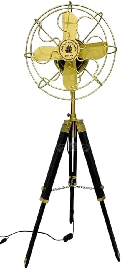 Vintage Tripod Standing Fan - Retro Industrial Floor Fan with Brass Finish & Wooden Tripod Base – Oscillating Electric Fan for Home, Office, or Studio Decor – "Made for Royal Navy, London"