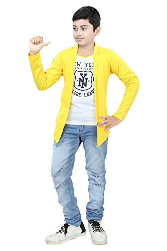 Image of Boy's Cotton White Printed T-Shirt with Blue Jacket Shrug