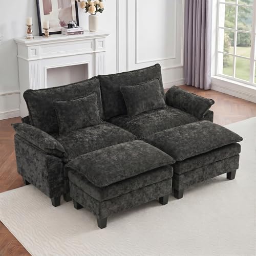 Image of IPKIG 82.3 inch Modular Cloud Couch with Storage, U Shaped Sectional Sofa with Ottoman & Pillow, Chenille Deep Seat Sectional Couches for Living Room, Apartment, Black