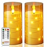 Homemory Flameless Candles with Embedded Star String Fairy Lights, Battery Operated Candles, LED Candle, Fake Candles with Remote Control and Timer, Gold, Set of 2(H 6' 6')