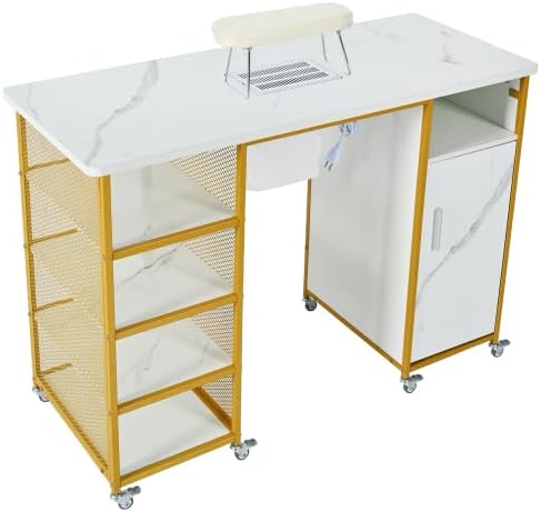 Nail Desk for Nail Tech w/Electric Dust Collector, Rolling Manicure Table w/Lockable Wheels, Storage Drawers, Wrist Cushion for Manicure Beauty Salon Workstation