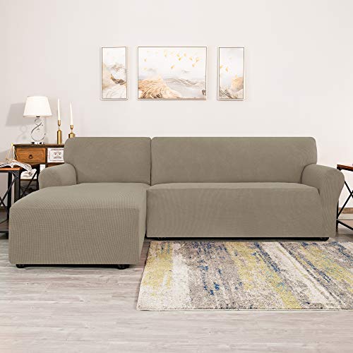 Chun Yi Stretch Sectional Couch Covers Soft L Shaped Sofa Slipcovers With Elastic Bottom , Jacquard Chaise Lounge Set For Living Room 2 Seat Sofa (Left Chaise,Sand) #TOP1