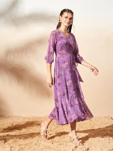 Image of Miss Chase Women's Multicolored Black Floral V-Neck 3 /4 Sleeve Wrap Chiffon Midi Dress
