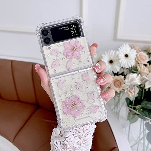 Fold Phone Case Samsung Z Flip 3 transparente antichoc coque rigide fleur séchée rose