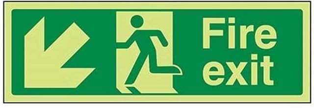 VSafety Glow In The Dark Fire Exit Arrow Down Left Sign - 300mm x 100mm - Self Adhesive Vinyl