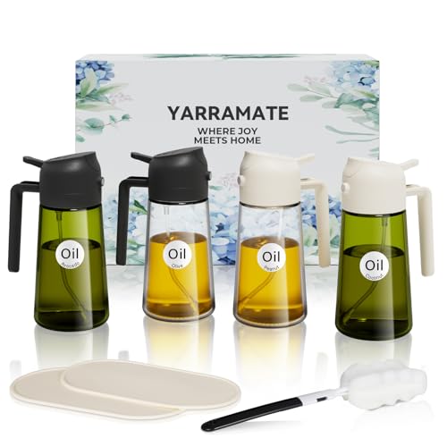 Image of YARRAMATE Olive Oil Sprayer Set of 4 16oz Glass Olive Oil Sprayer with Stickers, Kitchen Gadgets Including 2 Pcs Anti Slip Mat for Bottle, Cleaning Brush, Aesthetic, Gift