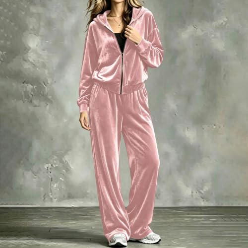Velour Tracksuit Womens 2 Piece Velvet Zip Hoodie Wide Leg Y2K Sweatsuit - image 4