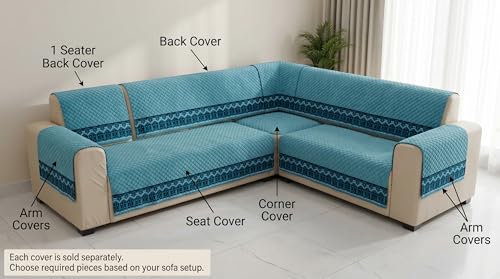 Image of Italian Blue Velvet Sofa Mat, L Shape 3+2 | Full Cover for Seat & Back, Anti-Skid, Machine Washable