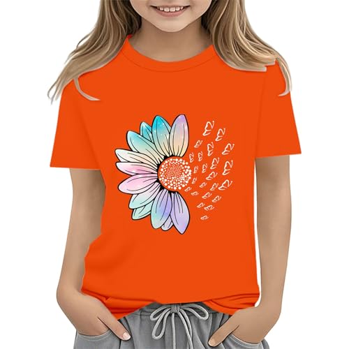 Girls Loose Fit Sunflower Graphic T Shirts Short Sleeve Crewneck Cute Pattern Printed Tops Kids (A-Orange, 8-9 Years)