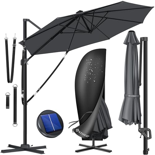 KESSER® Sonnenschirm Ampelschirm SUN Rund XL Ø330 cm Inkl. Abdeckung, 7-Fach Verstellbar Drehbar Neigbar Kippbar Groß 360° Drehbar Gartenschirm mit Kurbel Sonnenschutz UV50+ Anthrazit