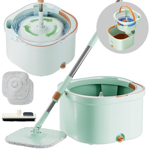 Wischmopp Set Mit Eimer,Bodenwischer 2 Kammer System,360°Drehbarer Bodenwischer,Bodenwisch-Set &Wischeimer,Mop Set mit Auswringfunktion und Teleskopstange,Mikrofaser-Bodenwischer für Alle Bodenarten