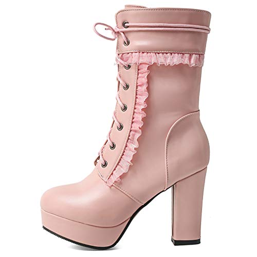 Parisuit Womens Chunky High Heel Platform Ankle Booties Sweet Lace Up Boots with Side Zipper Cosplay Shoes2