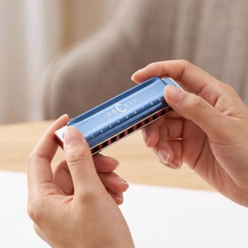 Image of ARCTIC C Key 10-Hole 20-Tone Premium Harmonica With Case & Cloth - Blue | Excellent Airtightness, Smooth Airflow, Easy Playability, Bright Clear Tone, ABS Comb, Brass Reeds, Beginner Friendly