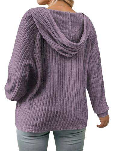 VISLILY Womens-Plus-Size-Hoodies Button V Neck Lightweight Knit Sweaters Casual Long Sleeve Tops Drawstring Hooded Sweatshirt3