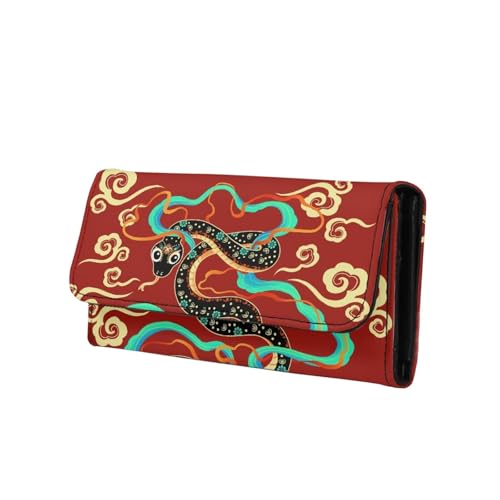Chinese Year Of Snake Long Wallet for Women Red Faux Leather Slim Clutch Purse Wallet, Lucky Cloud Print Zipper Phone Organizer Purse