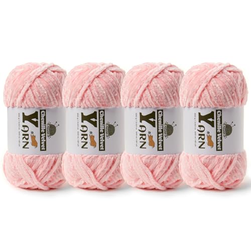 Image of 4 Pack Plush Chenille Chunky Yarn - Fluffy Velvet Yarn Crochet for Blanket Knitting and Crocheting - Soft Baby Yarns for Crocheting - Amigurumi Crochet Yarns 100g (87yds) (4 Pink)