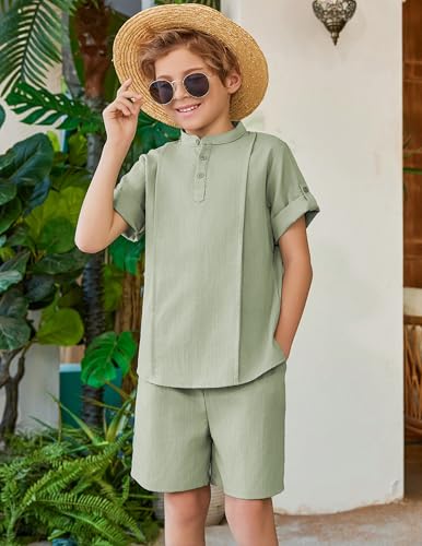 Image of Arshiner Boy's 2 Pieces Linen Sets Short Sleeve Henley Shirt and Shorts Summer Beach Matching Outfits 4-12 Years