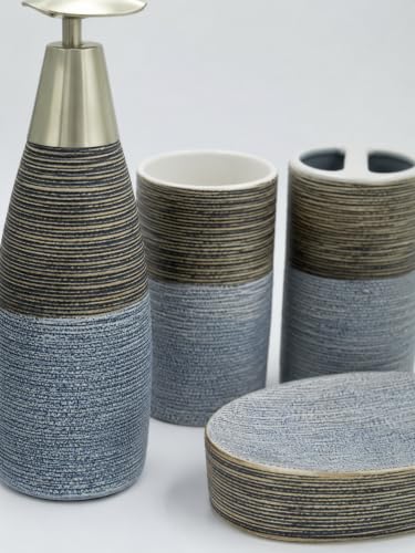 Image of Whizzo Premium Grey Bathroom Accessories Set of 4 - Soap Dispenser, Toothbrush Holder, Tumbler & Soap Dish - Modern Textured Ceramic Bath Set for Wash Basin Countertop, Best Gifting (BS-837, Grey)