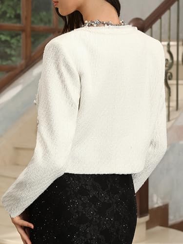 M.Infisavo Tweed Blazer Jackets for Womens with Pockets, Cropped Long Sleeve Open Front Collarless Elegant Casual Cardigan3