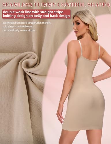 SLIMBELLE Shapewear Dress Slip For Under Dresses Women Tummy Control Adjustable Strap V Neck Full Slip Seamless Body Shaper Nude M - Thumbnail 4