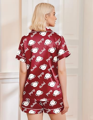 Image of Ekouaer Silk Pajamas for Women Funny Teddy Sleepwear Comfy Short Sleeve Button Down Loungewear Satin Pjs Shorts Set,Wine,L