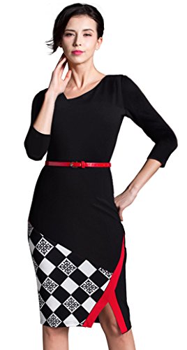 HOMEYEE Women's Elegant Patchwork Sheath Sleeveless Business Dress B2904